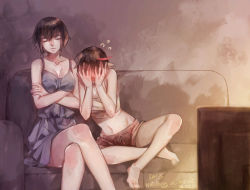 Rule 34 | 10s, 2girls, allenkung1, blush, breasts, casual, cleavage, closed eyes, couch, covering own eyes, crossed arms, crossed legs, embarrassed, flying sweatdrops, full-face blush, kill la kill, kiryuuin satsuki, matoi ryuuko, midriff, multiple girls, navel, nightgown, scared, short shorts, shorts, siblings, sisters, sitting, tank top, television