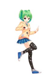 Rule 34 | 1girl, black legwear, bow, brown eyes, character name, full body, girlfriend (kari), green hair, hair bow, holding, hood, hood down, hoodie, looking at viewer, official art, open mouth, oshi tomo, plaid, plaid skirt, qp:flapper, school uniform, shoes, skirt, smile, sneakers, solo, standing, standing on one leg, transparent background, watch, wristwatch