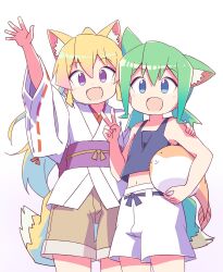 Rule 34 | 2girls, :d, animal ears, arm up, bare arms, bare shoulders, black tank top, blonde hair, blue eyes, brown shorts, carrying, carrying under arm, commentary request, crop top, fang, fox ears, fox girl, fox tail, green hair, hair between eyes, highres, japanese clothes, kimono, long hair, long sleeves, midriff, multiple girls, navel, open mouth, original, purple eyes, ribbon-trimmed sleeves, ribbon trim, roku no hito, short shorts, shorts, smile, tail, tank top, very long hair, white kimono, white shorts, wide sleeves