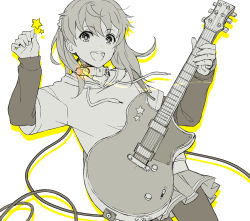 Rule 34 | 1girl, :d, cable, collar, commentary request, cowboy shot, drop shadow, fingernails, guitar, holding, holding instrument, hood, hood down, hoodie, instrument, itou (onsoku tassha), layered sleeves, long hair, long sleeves, looking at viewer, monochrome, music, open mouth, original, pantyhose, playing instrument, plectrum, round teeth, short over long sleeves, short sleeves, simple background, skirt, smile, solo, standing, star (symbol), teeth, trail, upper teeth only, white background, yellow theme