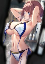 Rule 34 | 1girl, absurdres, adjusting clothes, armpits, arms behind head, arms up, baffu, bikini, blue eyes, blue ribbon, blush, breasts, brown hair, cleavage, collarbone, commentary request, cowboy shot, dressing, gold trim, groin, highres, hitoyo (baffu), indoors, large breasts, navel, open mouth, original, ribbon, short hair, shower (place), showering, side-tie bikini bottom, skindentation, soap bottle, solo, stomach, strap gap, swimsuit, untied bikini, wet, white bikini