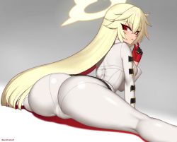 Rule 34 | 1girl, ahoge, arc system works, ass, blonde hair, bodysuit, breasts, cameltoe, spiked halo, from behind, gloves, gradient background, guilty gear, guilty gear xrd, halo, huge ass, jack-o&#039; valentine, kuroonehalf, long hair, looking at viewer, looking back, mouth hold, multicolored hair, red eyes, red hair, shiny clothes, sideboob, simple background, sitting, skin tight, smile, solo, very long hair, wariza