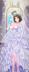 Rule 34 | 1girl, breasts, brown eyes, brown hair, cleavage, collarbone, dress, elbow gloves, feathers, gloves, high heels, highres, indoors, jewelry, kawakami sadayo, layered dress, long dress, medium breasts, necklace, parted lips, persona, persona 5, pumps, short hair, skirt hold, sleeveless, sleeveless dress, solo, standing, sunlight, twitter username, wedding, wedding dress, white dress, white feathers, white footwear, white gloves, yaoto