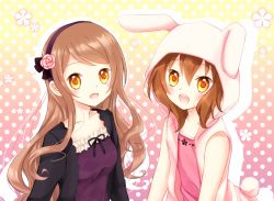 Rule 34 | 1boy, 1girl, :d, akane (goma), akira (goma), animal costume, animal ears, bad id, bad pixiv id, brother and sister, brown hair, casual, collarbone, flower, goma (11zihisin), gradient background, hairband, hood, hoodie, long hair, open mouth, original, polka dot, polka dot background, rabbit costume, rabbit ears, ribbon, short hair, siblings, smile, trap, twins, yellow eyes
