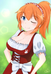 Rule 34 | 1girl, absurdres, blue eyes, blush, breasts, charlotte e. yeager, cleavage, closed mouth, collarbone, dirndl, german clothes, hairband, highres, kukoroko, large breasts, long hair, looking at viewer, one eye closed, orange hair, ponytail, puffy sleeves, solo, strike witches, upper body, world witches series