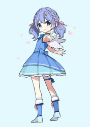 Rule 34 | 1girl, blue background, blue dress, blue eyes, blue footwear, blue hair, blue socks, blush, boots, bow, braid, closed mouth, commentary request, dress, foreshortening, from behind, full body, hair bow, heart, highres, looking at viewer, looking back, mini wings, nijisanji, outstretched arm, pink bow, shoe soles, simple background, sleeveless, sleeveless dress, smile, socks, solo, standing, virtual youtuber, white wings, wings, yuu (higashi no penguin), yuuki chihiro