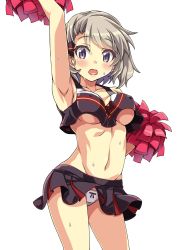 Rule 34 | 1girl, arm up, armpits, azur lane, blush, breasts, brown hair, cheerleader, clothes writing, covered erect nipples, crop top, crop top overhang, highres, holding, holding pom poms, looking at viewer, macaroni hourensou, medium breasts, midriff, miniskirt, navel, no bra, open mouth, panties, pleated skirt, pom pom (cheerleading), pom poms, purple eyes, short hair, skirt, solo, sweat, underboob, underwear, z23 (azur lane)