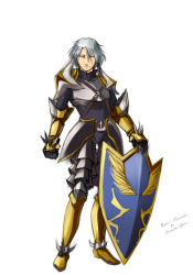 Rule 34 | 1girl, armor, armored boots, artist name, boots, breasts, cross, full armor, full body, gauntlets, hair between eyes, hinata-nya (artist), looking at viewer, ragnarok online, royal guard (ragnarok online), shield, simple background, solo, standing, white background