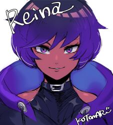 Rule 34 | 1girl, belt collar, black shirt, character name, collar, drawstring, highres, hood, hood down, hoodie, kotorai, looking at viewer, portrait, purple eyes, purple hair, purple hoodie, reina (tekken), shirt, short hair, signature, simple background, solo, straight-on, tekken, tekken 8, upper body, white background