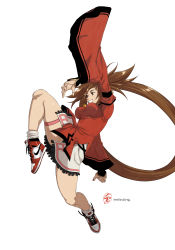 Rule 34 | 1girl, absurdres, air jordan, air jordan 1, bare shoulders, breasts, brown eyes, brown hair, china dress, chinese clothes, detached sleeves, dress, grin, guilty gear, guilty gear xrd, hair ornament, highres, impossible clothes, irene koh, kuradoberi jam, large breasts, leg up, long hair, midair, nike (company), open mouth, shoes, smile, sneakers, solo, thigh strap, very long hair, white background, wide sleeves