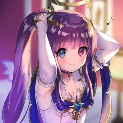 Rule 34 | arms up, blue eyes, blurry, blurry background, blush, bridal gauntlets, dennou tenshi djibril, eighth note, elbow gloves, gloves, halo, indoors, looking at viewer, musical note, official art, pico (p i c o), ponytail, purple eyes, purple hair, smile, tying hair, upper body, white gloves
