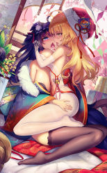 Rule 34 | 2girls, animal ears, bare shoulders, black legwear, blonde hair, blue eyes, blush, breasts, breasts out, bustier, dk.senie, dutch angle, elbow gloves, feet, food, fruit, gloves, hair ribbon, hat, highres, hug, indoors, japanese clothes, kimono, kiss, large breasts, long hair, looking at another, multiple girls, nipples, no shoes, off shoulder, open mouth, original, pantyhose, purple hair, ribbon, santa hat, shiny skin, sitting, sitting on person, strawberry, tears, thighband pantyhose, thighhighs, tongue, tongue out, white legwear, yellow eyes, yuri