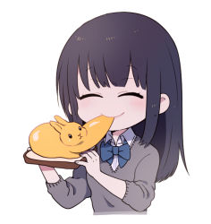 Rule 34 | 1girl, black hair, blouse, blue bow, blue bowtie, blush, bow, bowtie, bread, bread slice, closed eyes, collared shirt, eating, food, food in mouth, holding, ikuchi osutega, long hair, original, rabbit, school uniform, shirt, simple background, smile, solo, sweater, toast, upper body, v-neck, white background, white shirt
