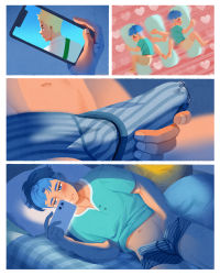 Rule 34 | 1boy, absurdres, bed, blue hair, blush, bulge, closed mouth, erection, erection under clothes, gaydio zrong, gin (gaydio zrong), hand under clothes, highres, holding, holding phone, jiu (gaydio zrong), looking at phone, lying, male focus, male masturbation, masturbation, hugging object, on bed, on side, original, phone, fake phone screenshot, pillow, precum, precum through clothes, short hair, solo, undercut, yaoi