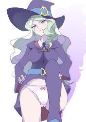 Rule 34 | 1girl, blonde hair, blue eyes, breasts, coveredcore, diana cavendish, hat, light green hair, little witch academia, long hair, looking at viewer, luna nova school uniform, medium breasts, multicolored hair, panties, school uniform, smile, solo, stepped on, tagme, two-tone hair, underwear, wavy hair, white panties, witch, witch hat