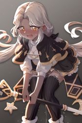 Rule 34 | 1girl, backlighting, black capelet, black skirt, black thighhighs, blonde hair, blush, breasts, breath, capelet, crescent, earrings, embarrassed, female focus, frilled skirt, frills, gradient background, grey background, hair intakes, have to pee, highres, holding, holding staff, jewelry, knees together feet apart, leaning forward, long hair, magician (fire poison), maplestory, miniskirt, nose blush, open mouth, orange eyes, own hands together, pee, peeing, peeing self, pinstripe legwear, pinstripe pattern, puffy short sleeves, puffy sleeves, rune (dualhart), shirt, short sleeves, sidelocks, simple background, skirt, small breasts, solo, staff, standing, star (symbol), striped, stud earrings, sweat, tears, thighhighs, twintails, v arms, very long hair, wet, wet clothes, white shirt, zettai ryouiki