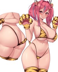 Rule 34 | 1girl, 2022, anal tail, animal ears, animal hands, animal print, ass, ass focus, azur lane, bare shoulders, bikini, blush, breasts, bremerton (azur lane), butt crack, butt plug, chinese zodiac, closed mouth, collarbone, commentary, covered erect nipples, fake tail, from behind, gloves, groin, hair between eyes, hair ornament, hairclip, headgear, highleg, highleg bikini, highres, huge ass, kuavera, mole, mole on breast, mole under eye, multicolored hair, multiple views, navel, paw gloves, pink eyes, pink hair, print bikini, sex toy, shiny skin, simple background, skindentation, streaked hair, string bikini, swimsuit, tail, thick thighs, thighhighs, thighs, thong, thong bikini, tiger ears, tiger print, tiger tail, twintails, underboob, white background, wide hips, year of the tiger, yellow bikini, yellow gloves