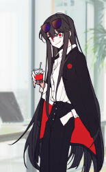 Rule 34 | 1girl, alternate costume, black hair, crest, cup, drinking straw, eyewear on head, family crest, fate/grand order, fate (series), glasses, hand in pocket, highres, holding, holding cup, long hair, long sleeves, looking at viewer, oda nobunaga (fate), oda uri, red eyes, sempon (doppio note), solo, unbuttoned jacket