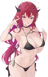 Rule 34 | 1girl, :o, armpits, bikini, black bikini, blue eyes, blush, breasts, cameltoe, choker, chyraliss, cleavage, double halo, hair ornament, halo, heterochromia, highres, hololive, hololive english, horns, irys (hololive), large breasts, long hair, looking at viewer, multicolored hair, pointy ears, purple eyes, purple hair, red hair, side-tie bikini bottom, signature, solo, star (symbol), star hair ornament, strap pull, swimsuit, thighs, very long hair, virtual youtuber, wet