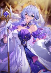 Rule 34 | 1girl, bare shoulders, bracelet, breasts, cleavage, detached sleeves, dress, earrings, facial mark, falling feathers, feather boa, feathers, floating hair, gloves, hair between eyes, halo, head wings, highres, holding, holding staff, honkai: star rail, honkai (series), jewelry, long hair, looking at viewer, one eye closed, parted lips, purple dress, robin (honkai: star rail), short sleeves, smile, solo, staff, standing, two-tone dress, usatorii, white dress, white gloves, wings