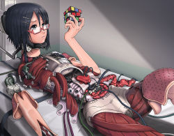 Rule 34 | 1girl, android, bad id, bad pixiv id, black hair, couch, glasses, grey eyes, joints, mechanical parts, original, robot joints, rubik&#039;s cube, solo, sukabu
