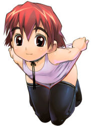 Rule 34 | blush, brown eyes, child, kneeling, original, red hair, satou toshiyuki, short hair, smile, solo, thighhighs