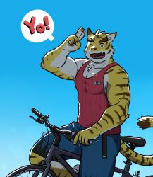 Rule 34 | 1boy, abs, animal ears, artist logo, bara, bicycle, blue shorts, blue sky, commentary request, fangs, furry, furry male, highres, jeck (2184521), looking at viewer, male focus, morenatsu, muscular, muscular male, one eye closed, open mouth, pawpads, pectorals, red shirt, riding, riding bicycle, salute, shirt, shorts, sky, sleeveless, sleeveless shirt, smile, speech bubble, tail, tiger boy, tiger ears, tiger stripes, tiger tail, torahiko oshima, two-finger salute