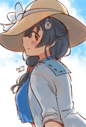 Rule 34 | 1girl, alternate costume, alternate hairstyle, artist name, black hair, blue sailor collar, blue shirt, breasts, commentary request, dated, hair flaps, hair over shoulder, hat, jingei (kancolle), kantai collection, kirisawa juuzou, large breasts, long hair, looking at viewer, red eyes, sailor collar, shirt, smile, solo, sun hat