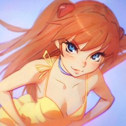 Rule 34 | &gt;:), 1girl, armpits, bare shoulders, blue background, blue eyes, blurry, blush, breasts, choker, cleavage, collarbone, depth of field, downblouse, dress, from above, hair ornament, hands on own hips, ilya kuvshinov, leaning forward, light smile, long hair, looking at viewer, neon genesis evangelion, no bra, orange hair, ribbon, short dress, simple background, small breasts, smile, solo, souryuu asuka langley, spaghetti strap, sundress, two side up, upper body, v-shaped eyebrows, yellow dress