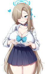 Rule 34 | 1girl, absurdres, asuna (blue archive), asymmetrical bangs, black skirt, blue archive, blue bow, blue bowtie, blue eyes, blush, bow, bowtie, breast lift, breasts, choker, cleavage, collarbone, collared shirt, contrapposto, cowboy shot, grin, hair over one eye, hair ribbon, halo, highres, large breasts, light blush, light brown hair, long hair, long sleeves, looking at viewer, metaljelly, miniskirt, pleated skirt, ribbon, school uniform, shirt, shirt tucked in, skirt, smile, thigh gap, very long hair, white shirt, wing collar