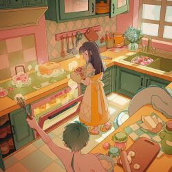 Rule 34 | 1boy, 1girl, apron, arm up, baking, black hair, blue flower, blunt ends, bottle, bowl, butter, cooking, cooking pot, counter, cupcake, cutting board, day, dough, dragon, dragon boy, drawer, dress, eastern dragon, facing away, faucet, flower, food, fruit, glass teapot, green hair, highres, holding, indoors, jam, jidu que mi de xiao caocao, kitchen, kitchen knife, knife rack, ladle, light particles, looking at another, looking back, magic, mixing bowl, monster boy, on table, original, oven, oven mitts, profile, puffy short sleeves, puffy sleeves, rolling pin, scissors, see-through, see-through sleeves, short hair, short sleeves, sink, slippers, spatula, steam, stove, strawberry, table, taur, vase, whisk, white apron, yellow dress, yellow footwear