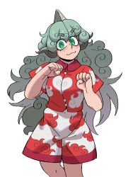 Rule 34 | 1girl, :3, absurdres, blush, closed mouth, cloud print, collared shirt, commentary, commission, curly hair, eddybird55555, english commentary, green eyes, green hair, heart, heart print, highres, horns, komano aunn, long hair, red shirt, ringed eyes, shirt, short sleeves, shorts, simple background, single horn, solo, touhou, white background, white shorts