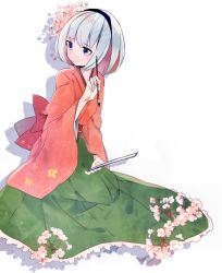 Rule 34 | 1girl, back bow, bad id, bad pixiv id, black hairband, blue eyes, bob cut, bow, calligraphy brush, cherry blossoms, commentary request, floral print, flower, full body, green hakama, hair flower, hair ornament, hairband, hakama, japanese clothes, kimono, konpaku youmu, long sleeves, looking to the side, paintbrush, paper, red bow, red kimono, ryokotyu, short hair, sitting, solo, touhou, white background, white hair, wide sleeves