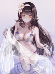 Rule 34 | 1girl, 3:, absurdres, bad id, bad pixiv id, bikini, black hair, blunt bangs, breasts, closed mouth, fingerless gloves, flower, girls&#039; frontline, gloves, hair flower, hair ornament, hairband, hands up, highres, holding, long hair, looking at viewer, medium breasts, myoushun, navel, official alternate costume, see-through, shawl, solo, swimsuit, thighhighs, thighs, tsurime, type 95 (girls&#039; frontline), type 95 (summer cicada) (girls&#039; frontline), very long hair, wading, wavy hair, white bikini, white flower, white gloves, white thighhighs