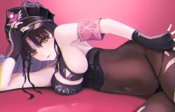 Rule 34 | absurdres, arm support, armband, black hair, black pantyhose, bodystocking, breasts, covered navel, fate/grand order, fate (series), fingerless gloves, fingernails, gloves, hat, highres, large breasts, long hair, lying, matsukan (dug pile), on side, pale skin, pantyhose, see-through, sessyoin kiara, sessyoin kiara (swimsuit mooncancer), sessyoin kiara (swimsuit mooncancer) (second ascension), sideboob, solo, torn clothes, undressing, yellow eyes