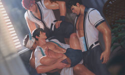 Rule 34 | 4boys, abs, arm tattoo, bara, biting, black gloves, black hair, black pants, blue shorts, bulge, bulge to ass, dark-skinned male, dark skin, full service (mazjojo), gloves, groping, headband, holding another&#039;s leg, indoors, kovit chaiyarit, looking at another, multiple boys, muscular, muscular male, naked towel, navel, neck biting, necktie, on person, open clothes, open shirt, pants, pectorals, penguin frontier, rald schwarz, red hair, shirt, short hair, shorts, sideburns, sitting, smile, spread legs, sunlight, sweat, tattoo, teeth, thick thighs, thighs, tomoki nakamoto, towel, towel around waist, undone necktie, white shirt, window, wristband, yaoi