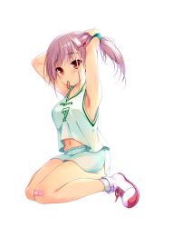 Rule 34 | 1girl, adachi chii, armpits, arms up, bandaid, bandaid on knee, bandaid on leg, blush, breasts, clothes writing, full body, fuyuichi monme, green shirt, green shorts, hair between eyes, hair ornament, hair tie in mouth, hairclip, hairdressing, highres, koibana ren&#039;ai, light brown hair, looking at viewer, medium breasts, medium hair, mouth hold, navel, official art, ponytail, red eyes, shirt, shoes, shorts, simple background, sitting, sleeveless, sleeveless shirt, solo, sportswear, thighs, transparent background, wariza, white footwear