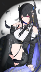 Rule 34 | 1girl, absurdres, belt, black belt, black feathers, black hair, black necktie, black thighhighs, blue hair, breasts, closed mouth, colored inner hair, demon horns, falling feathers, feathers, frokiya, hair ornament, highres, hololive, hololive english, horns, large breasts, light smile, long hair, mole, mole under eye, multicolored hair, multiple belts, necktie, nerissa ravencroft, nerissa ravencroft (1st costume), red eyes, sitting, solo, tassel, tassel hair ornament, thigh strap, thighhighs, thighs, two-tone hair, very long hair, virtual youtuber