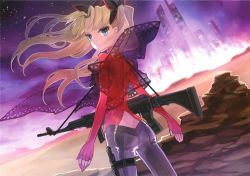 Rule 34 | 10s, 1girl, absurdres, alternate hair color, ass, ass cutout, blonde hair, blue eyes, bow, butt crack, city, clothing cutout, fate/extra, fate (series), fingerless gloves, gloves, gun, hair ribbon, highres, official art, pants, ribbon, scan, scenery, solo, tight clothes, tight pants, tohsaka rin, twintails, wada arco, weapon