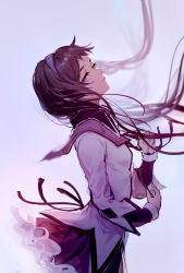 Rule 34 | 1girl, ahivemind, akemi homura, black ribbon, brown hair, closed mouth, collared shirt, expressionless, floating hair, from side, grey background, hairband, half-closed eyes, highres, long hair, long sleeves, looking at viewer, looking to the side, magical girl, mahou shoujo madoka magica, mahou shoujo madoka magica (anime), miniskirt, purple eyes, purple hairband, purple sailor collar, purple skirt, ribbon, sailor collar, sailor shirt, shirt, sideways glance, skirt, solo, twintails, white shirt