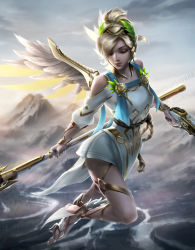 Rule 34 | 1girl, ancient greek clothes, backlighting, bad anatomy, bad leg, barefoot sandals (jewelry), blonde hair, breasts, chiton, cleavage, closed eyes, cloud, cloudy sky, day, dress, dual wielding, feathered wings, flying, full body, greco-roman clothes, gun, handgun, head wreath, high ponytail, himation, holding, holding gun, holding staff, holding weapon, imdrunkontea, laurel crown, looking down, mechanical wings, medium breasts, mercy (overwatch), mountain, nose, official alternate costume, outdoors, overwatch, overwatch 1, pelvic curtain, pink lips, pistol, short hair, short sleeves, sky, smile, solo, spread wings, staff, toga, weapon, white dress, winged victory mercy, wings