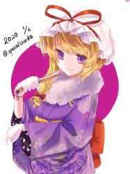 Rule 34 | 1girl, blonde hair, bow, bracelet, closed mouth, commentary, dated, folded fan, folding fan, fur-trimmed kimono, fur trim, gloves, hair bow, hand fan, hat, hat ribbon, highres, holding, holding fan, japanese clothes, jewelry, kimono, long hair, long sleeves, looking at viewer, mob cap, numujika, purple eyes, purple kimono, red bow, red ribbon, ribbon, simple background, smile, solo, touhou, twitter username, upper body, white gloves, white hat, wide sleeves, yakumo yukari