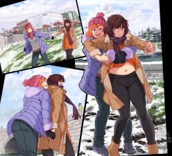 Rule 34 | 2girls, ankle boots, beanie, belly, black pantyhose, blue eyes, blush, boots, brown hair, clothes lift, coat, comic, commentary, couple, dating, dress, dress lift, english commentary, feguimel, hat, highres, holding hands, hug, hug from behind, lifting another&#039;s clothes, long coat, miranda (feguimel), mittens, multiple girls, navel, orange dress, orange hair, original, pantyhose, parka, pom pom (clothes), pom pom beanie, pulling, purple eyes, purple scarf, scarf, short hair, silent comic, snow, sue (feguimel), winter, winter clothes, winter coat, yuri, zipper footwear