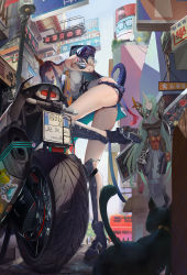 Rule 34 | 2girls, absurdres, animal, arknights, ass, black cat, blue hair, boots, breasts, building, cat, ch&#039;en (arknights), dragon girl, dragon horns, food, green eyes, green hair, highres, holding, horns, hoshiguma (arknights), leg up, long hair, looking at viewer, looking down, motor vehicle, motorcycle, multiple girls, official alternate costume, onigiri, red eyes, sail (apha7775), shield, single horn, skin-covered horns, tail