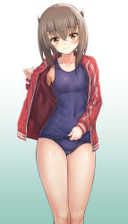 Rule 34 | 10s, 1girl, alternate costume, bare legs, blue one-piece swimsuit, blush, breasts, brown hair, cameltoe, closed mouth, collarbone, covered navel, cowboy shot, female focus, forehead protector, gradient background, head tilt, highres, ipuu (el-ane koubou), jacket, kantai collection, legs together, long sleeves, looking at viewer, old school swimsuit, one-piece swimsuit, open clothes, open jacket, orange eyes, red jacket, school swimsuit, short hair, simple background, small breasts, smile, solo, standing, swimsuit, taihou (kancolle), thighs, undressing, white background