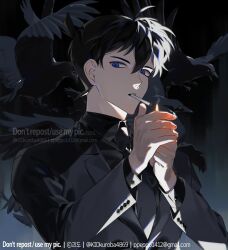 Rule 34 | 1boy, bird, black background, black hair, black jacket, black necktie, black shirt, blue eyes, blue fire, cigarette, collared shirt, commentary, crow, fire, jacket, kidkuroba4869, kudou shin&#039;ichi, long sleeves, looking at viewer, male focus, meitantei conan, necktie, shirt, short hair, sideways glance, solo, suit jacket, symbol-only commentary, upper body, watermark