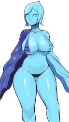 Rule 34 | 1girl, alternate breast size, bikini, blue eyes, blue hair, breasts, cape, cleavage, collarbone, drawfag, female focus, fi (zelda), forehead jewel, highres, large breasts, matching hair/eyes, micro bikini, navel, nintendo, no arms, no pupils, simple background, skindentation, solo, swimsuit, the legend of zelda, the legend of zelda: skyward sword, thick thighs, thighs, underboob, wide hips
