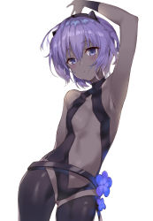Rule 34 | 1girl, absurdres, arm up, armpits, bad id, bad pixiv id, bare arms, bare shoulders, black leotard, blue flower, blush, breasts, center opening, closed mouth, commentary request, cowboy shot, dark-skinned female, dark skin, fate/prototype, fate/prototype: fragments of blue and silver, fate (series), flower, hair between eyes, hassan of serenity (fate), highres, leisss, leotard, navel, purple eyes, purple hair, sidelocks, simple background, small breasts, solo, white background