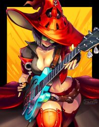 Rule 34 | black hair, boots, breasts, coat, drawrenja, feet out of frame, fingerless gloves, glasses, gloves, green glasses, guilty gear, guitar, hat, highres, i-no, instrument, large breasts, lips, mole, mole under mouth, navel, one eye covered, red coat, short hair, thighs, witch hat, yellow background