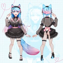 Rule 34 | 1girl, absurdres, alternate costume, animal ear fluff, animal ears, arm strap, belt, black footwear, black hair, black hairband, black pantyhose, blue background, blue eyes, blue eyeshadow, blue hair, blue nails, breasts, cleavage, eyeshadow, fishnet pantyhose, fishnets, gothic lolita, gradient hair, gradient nails, hairband, heart, high heels, highres, large breasts, leameii, lolita fashion, lolita hairband, long hair, makeup, multicolored hair, multiple views, open hands, pantyhose, pink belt, pink hair, pink nails, silvervale, smile, tail, thigh strap, very long hair, virtual youtuber, vshojo, wolf ears, wolf girl, wolf tail, zoom layer